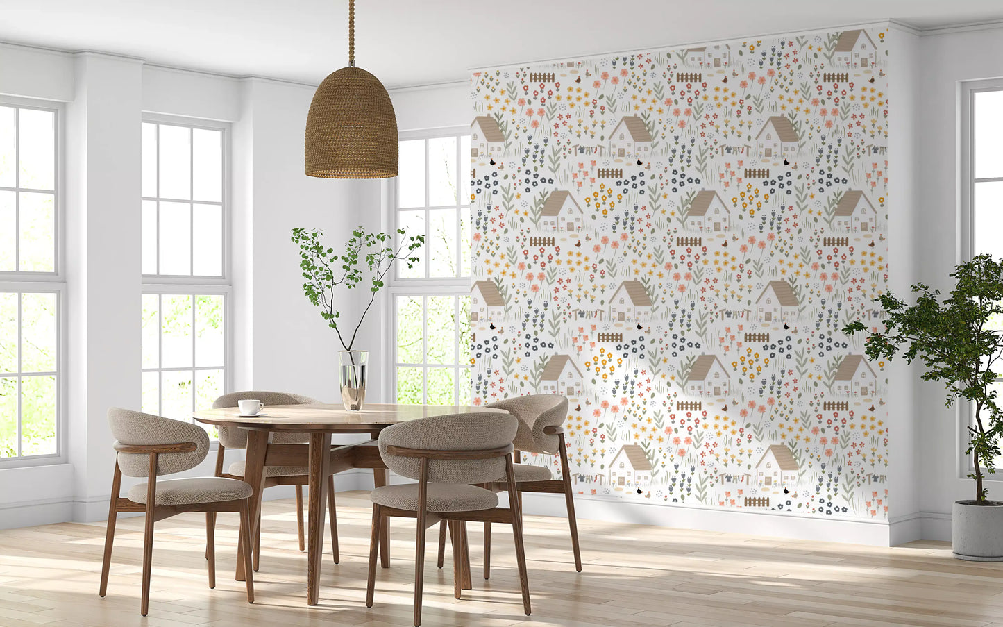 Dining room with the Country Cottage wallpaper on the main surface
