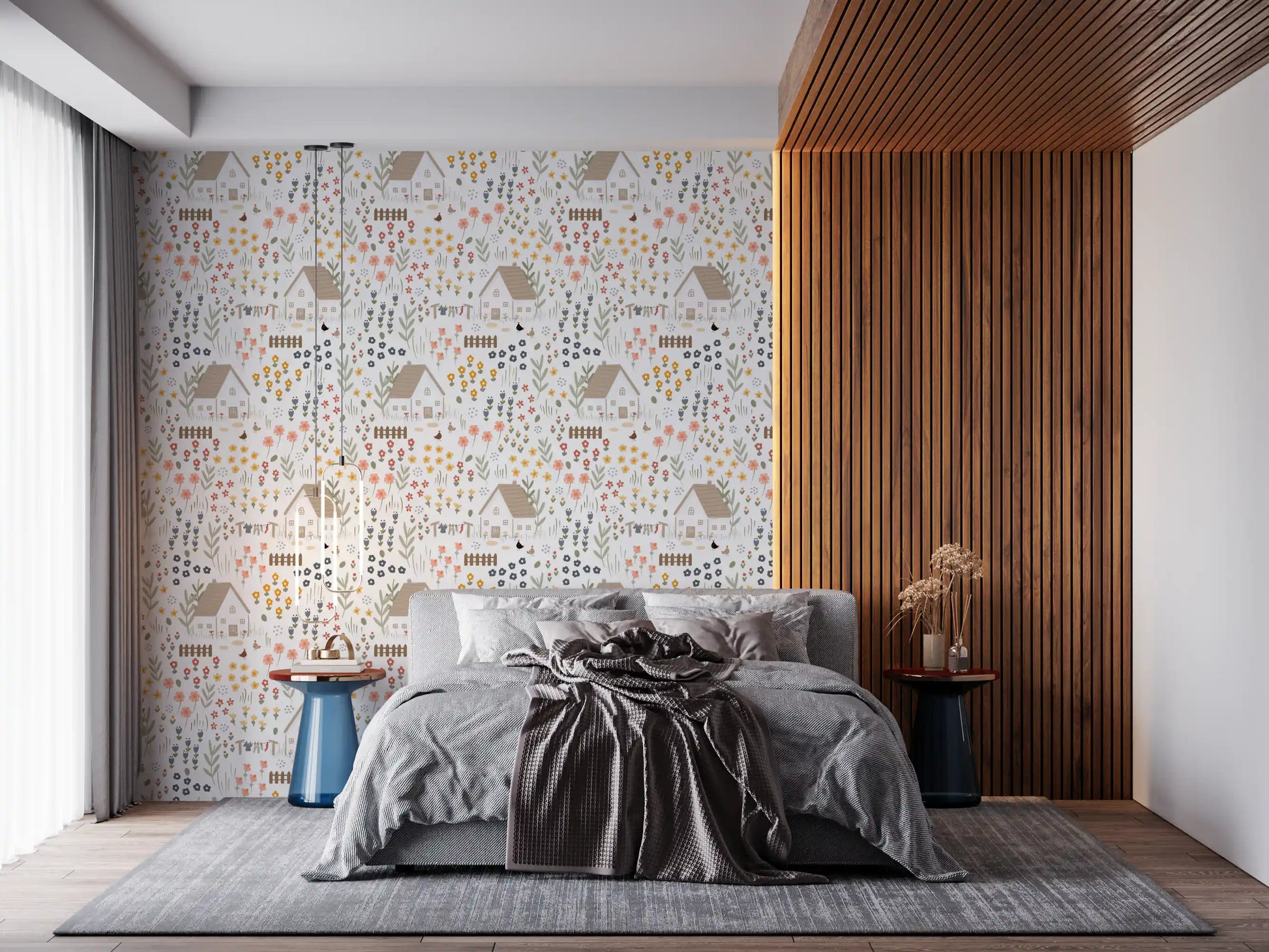 Golden blooms and sage leaves filling the Country Cottage wallpaper