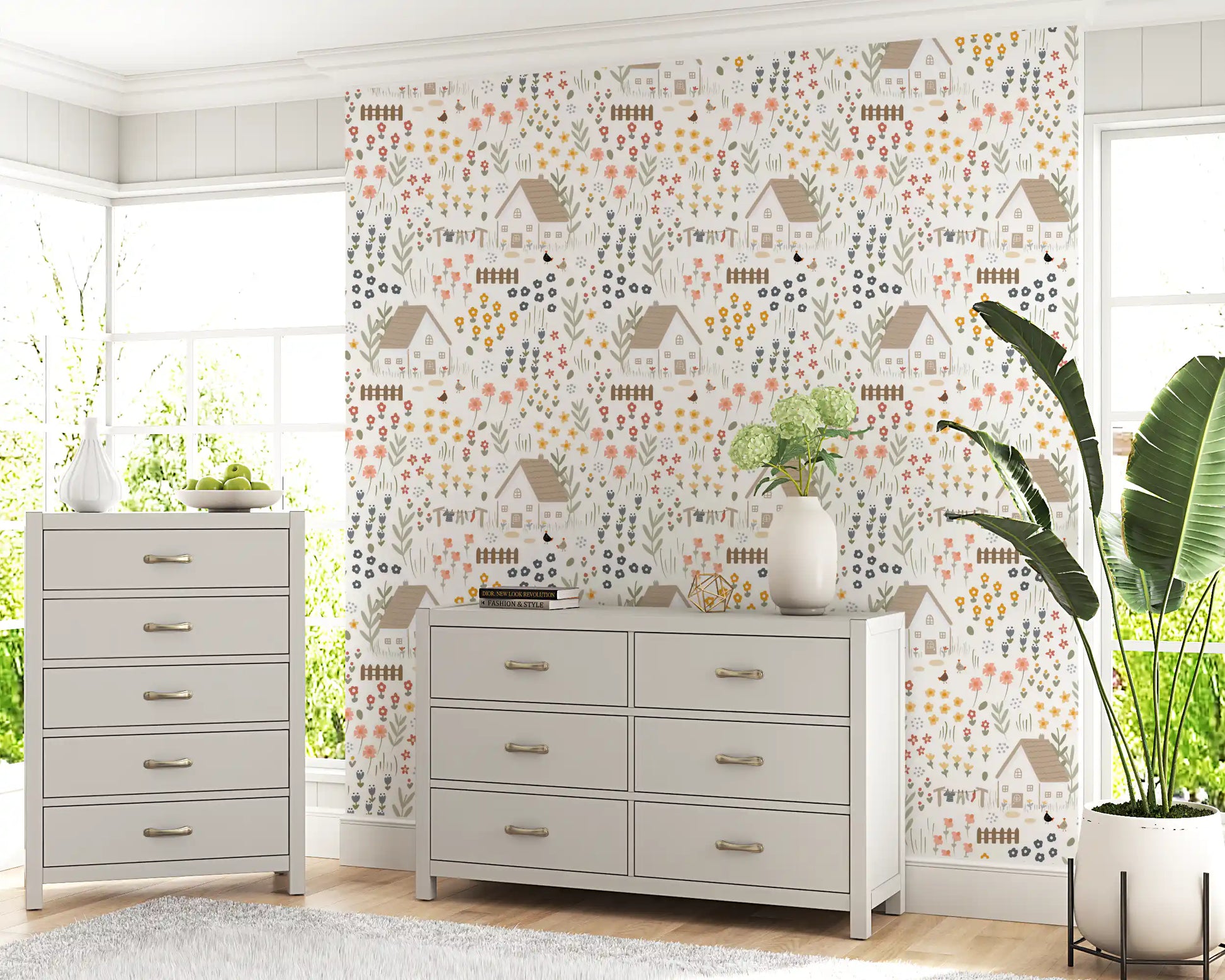 Illustrated hens and picket fences on the Country Cottage wallpaper