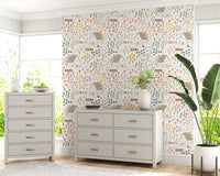Illustrated hens and picket fences on the Country Cottage wallpaper