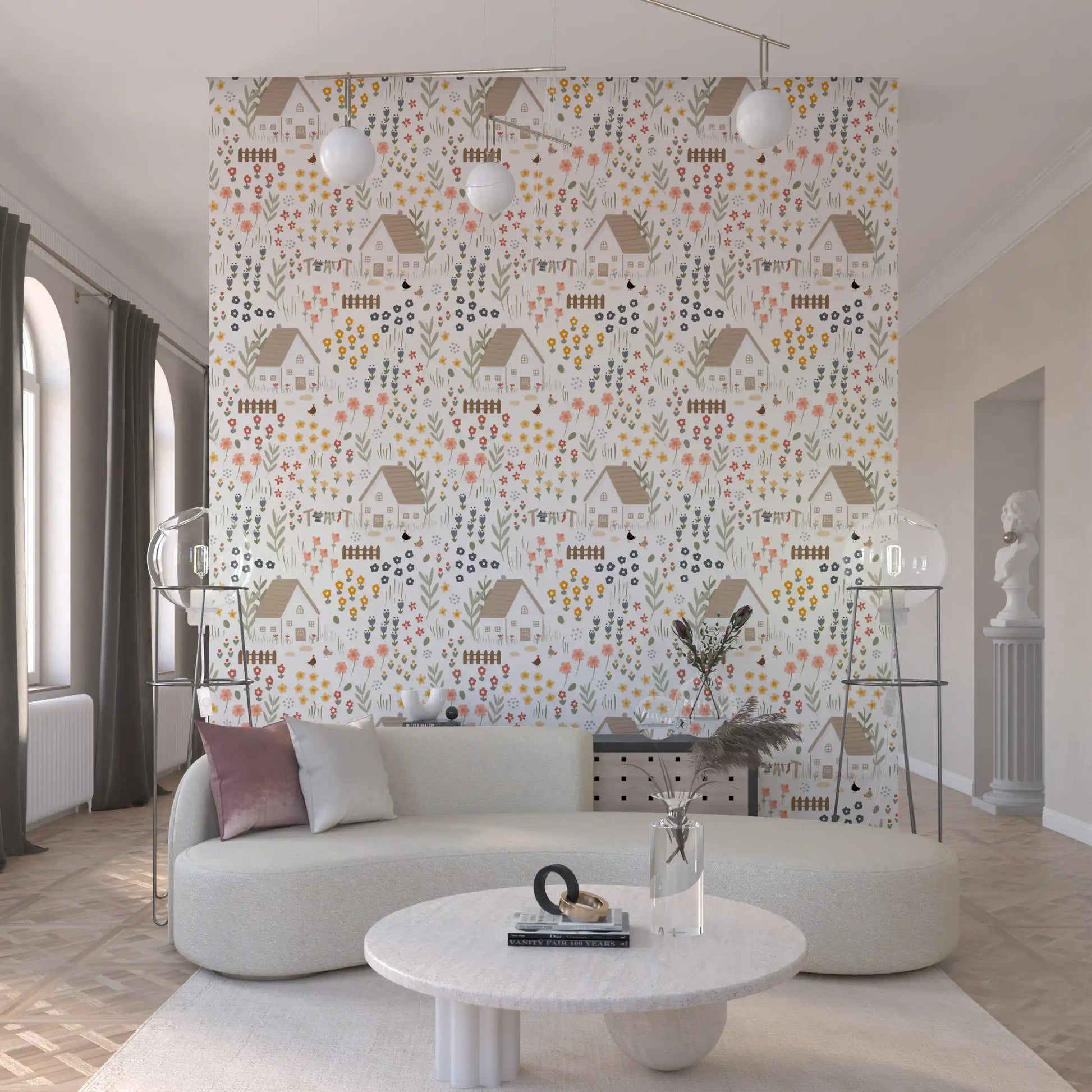 Country Cottage wallpaper pattern with brown-roofed cottages