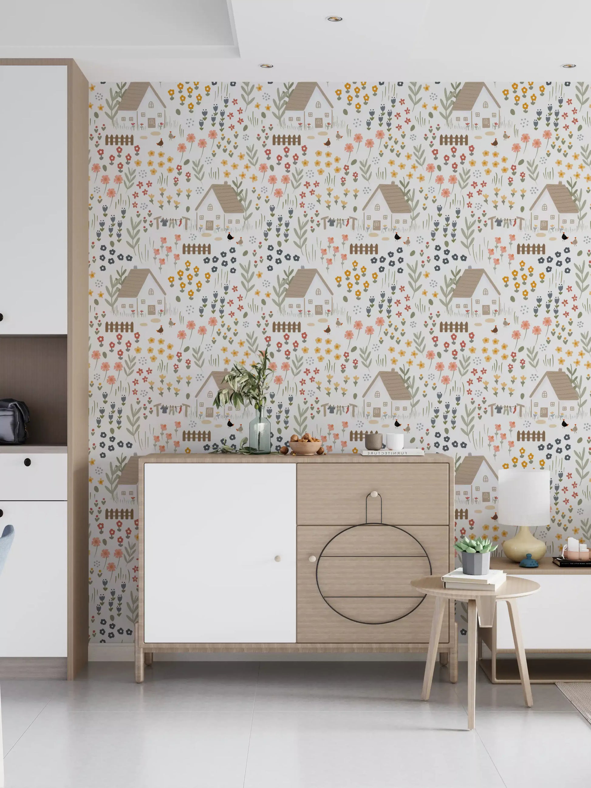 Lounge featuring cottages and blooms on the Country Cottage wallpaper