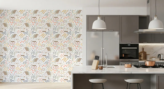 A kitchen-dining area lined with the Country Cottage wallpaper