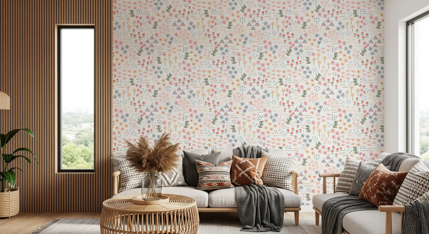 Berry clusters and tiny raindrops scatter across the Garden Flowers wallpaper