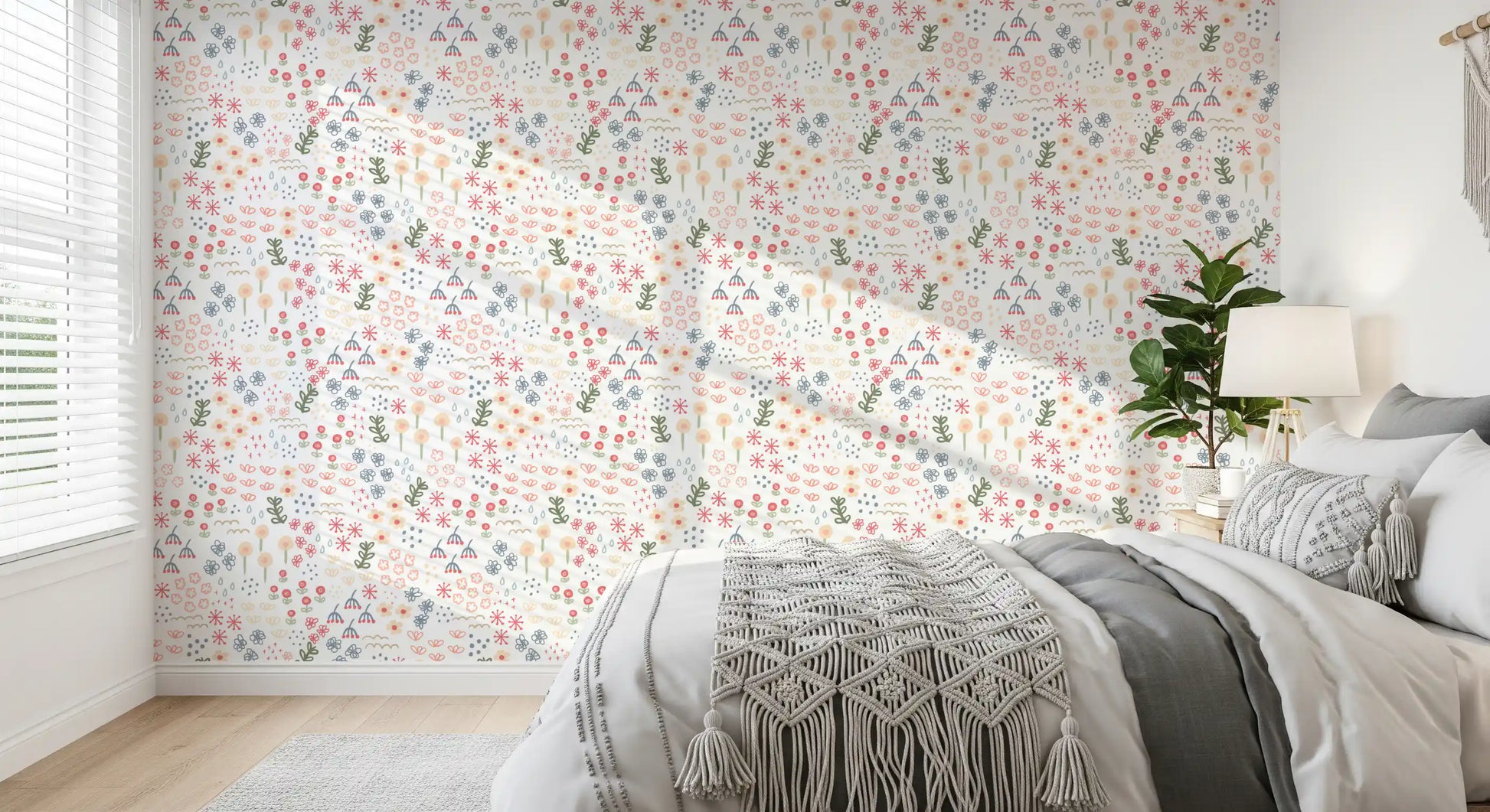 Bedroom banquette finished in the sketched English Garden wallpaper