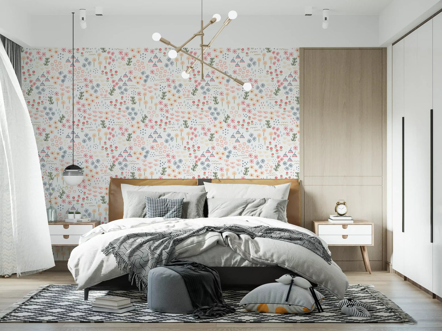 Plus-mark accents pepper the ivory ground of the doodle Flower wallpaper 