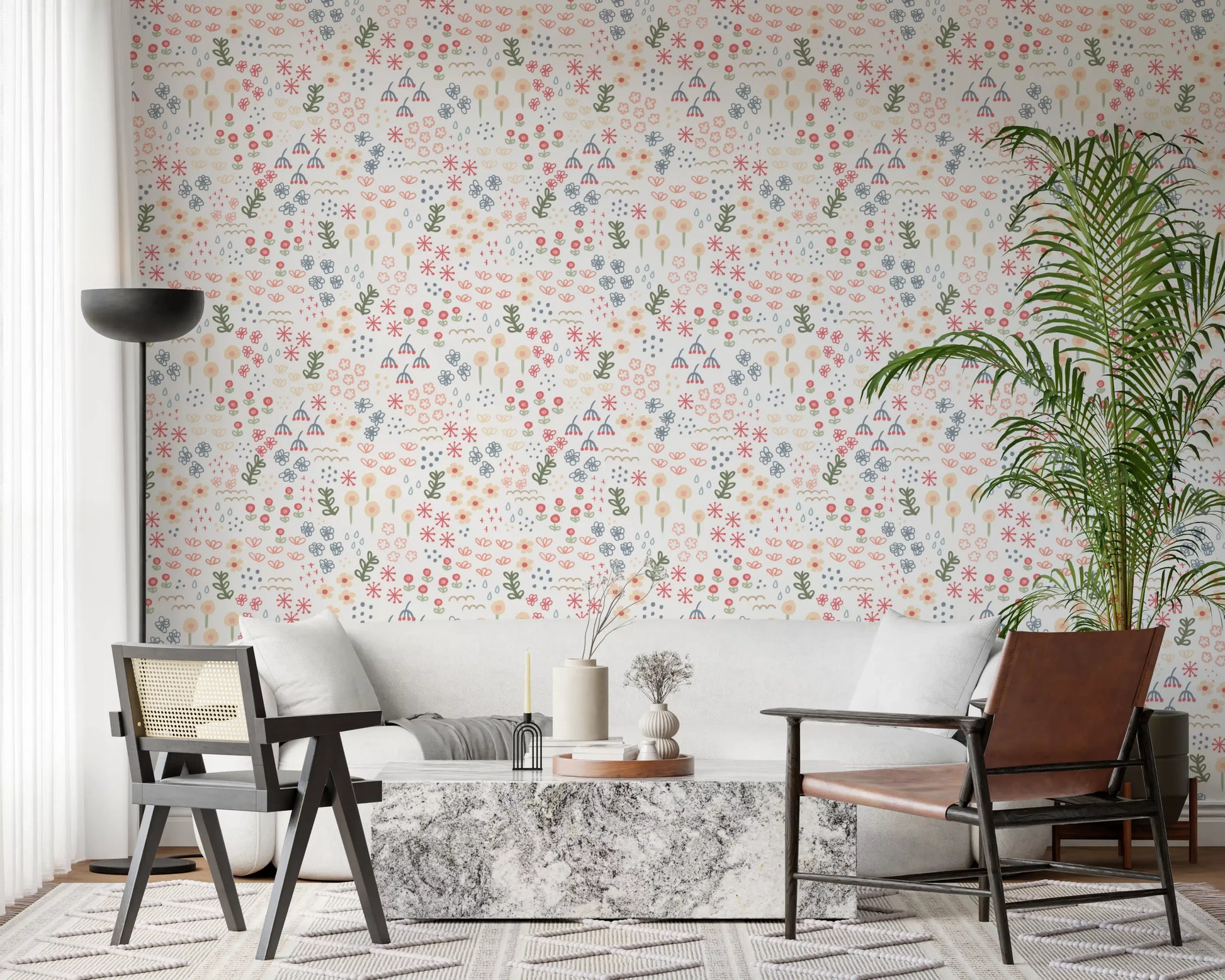 Slate-blue dot clusters break up the coral blooms in the English Flowers wallpaper