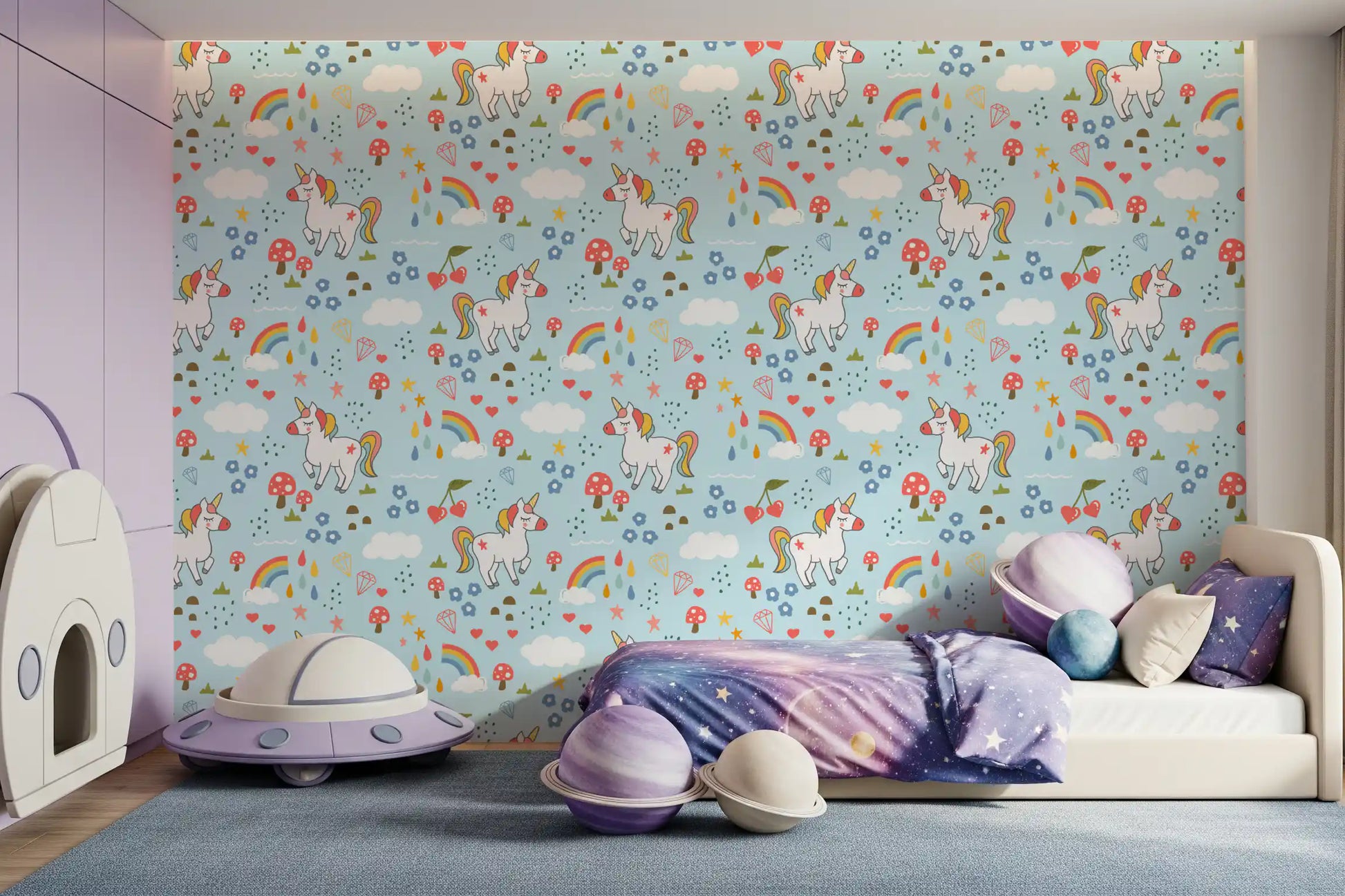 Playful unicorn wallpaper repeating across a bright kids' room setting