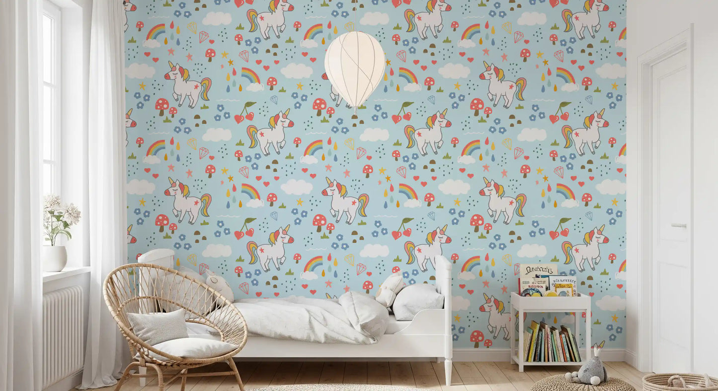 Unicorn Dreams wallpaper showing rainbows and floating clouds