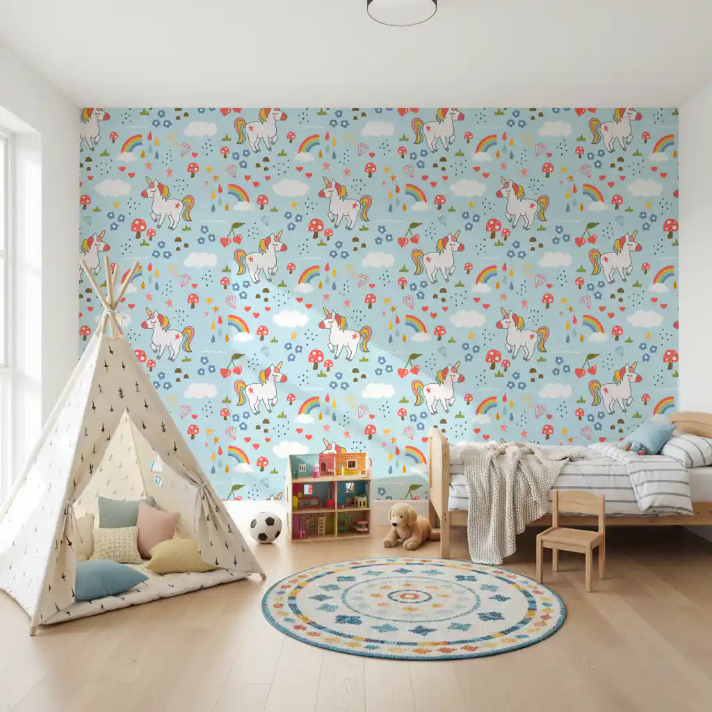 Kids Bedroom styled with Whimsical Unicorn Dreams wallpaper in pale blue tones