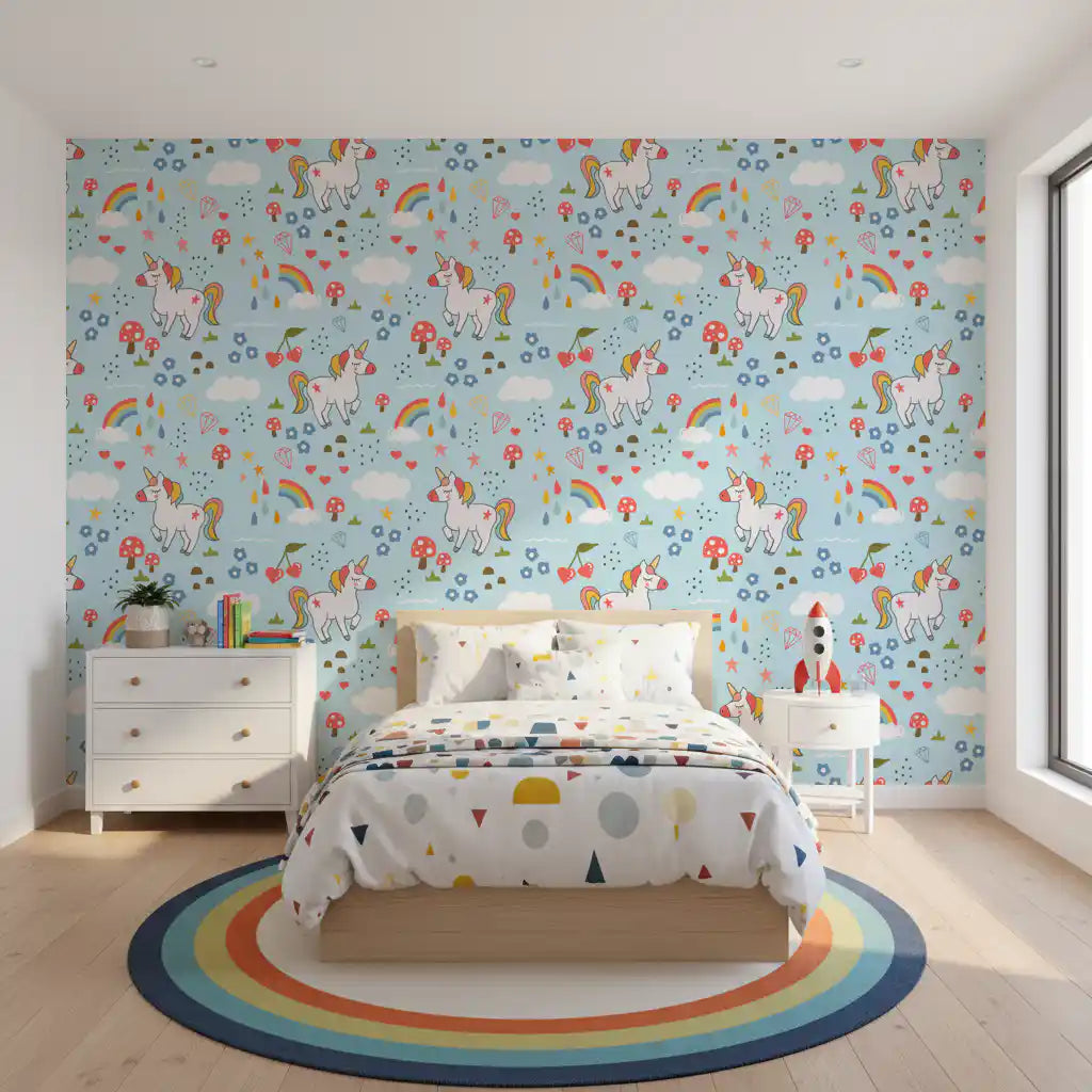 Unicorn Dreams wallpaper adding colour to a cosy Kids bedroom space