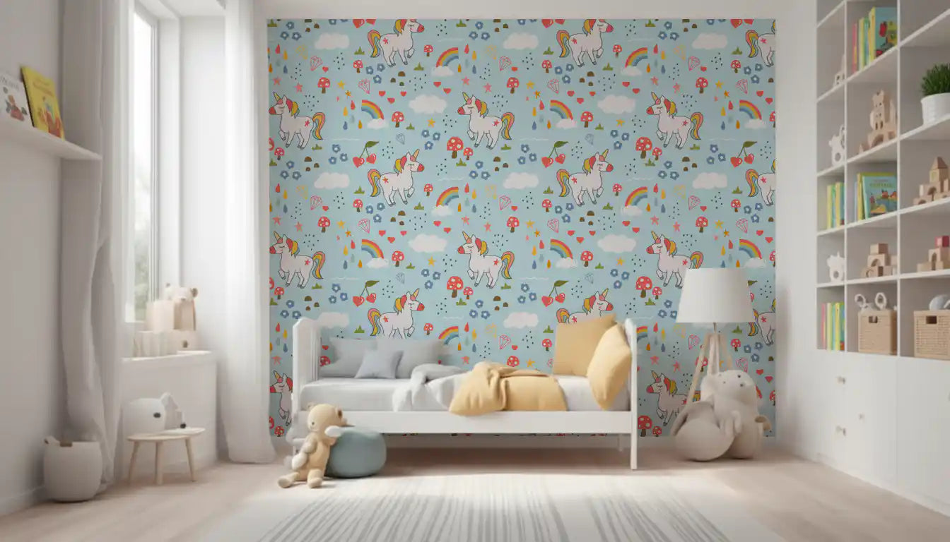 Blue and coral hearts scattered on this unicorn wallpaper pattern