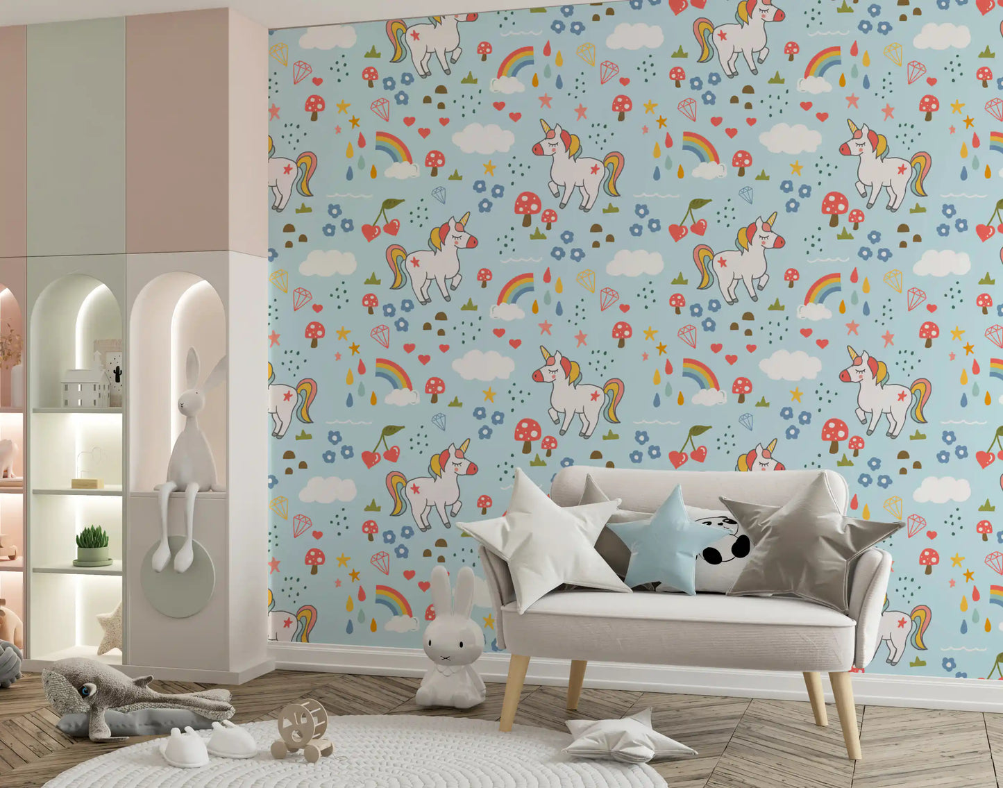 Light blue unicorn and heart wallpaper lining a children's Play area 
