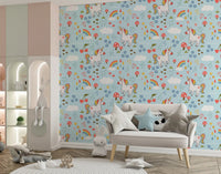 Light blue unicorn and heart wallpaper lining a children's Play area 
