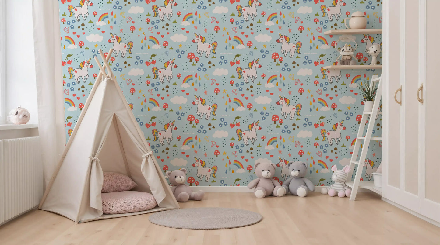 Nursery featuring the unicorn and cloud pattern of this cheerful wallpaper