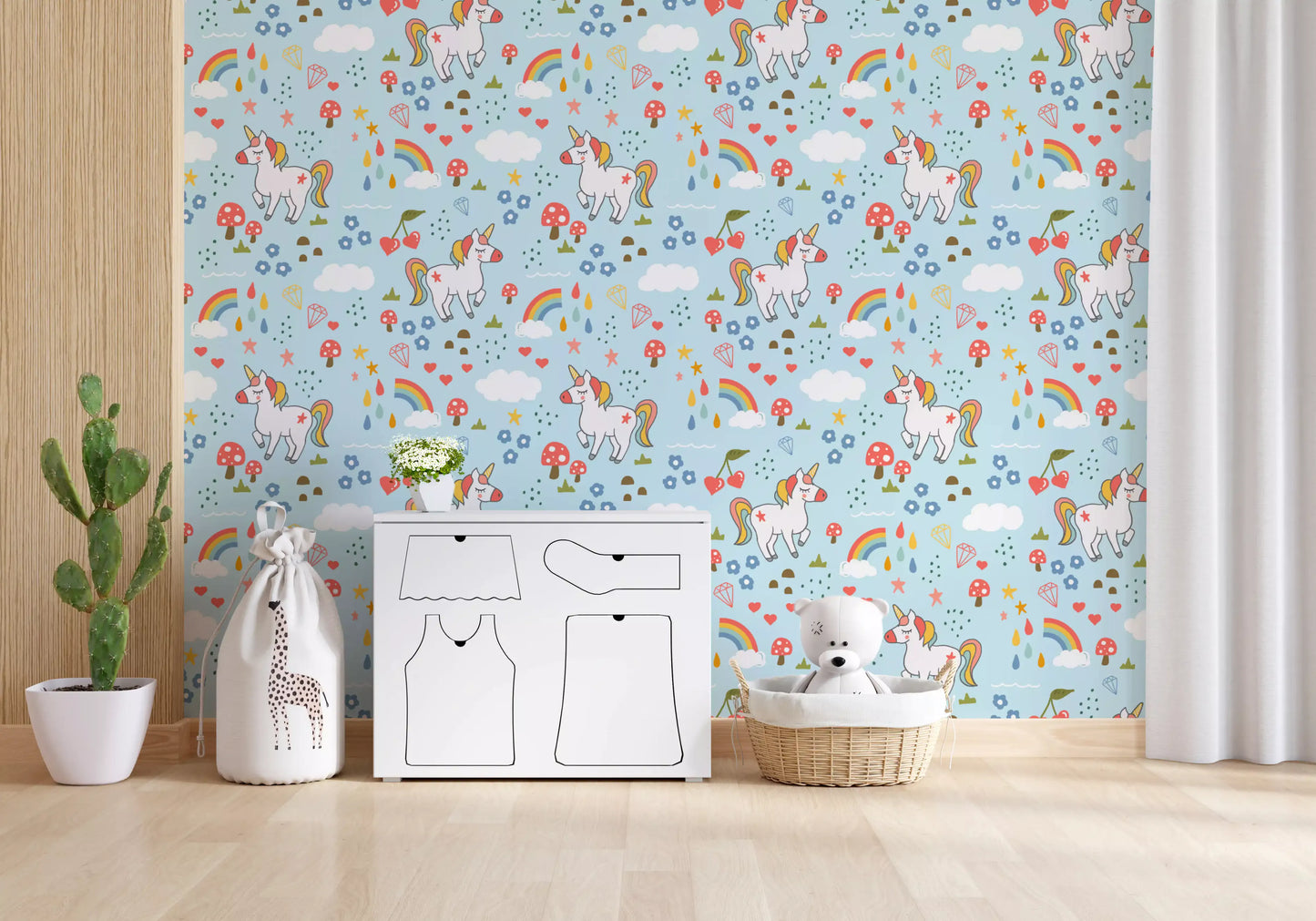 Full repeat of the Whimsical Dreams wallpaper in sky blue