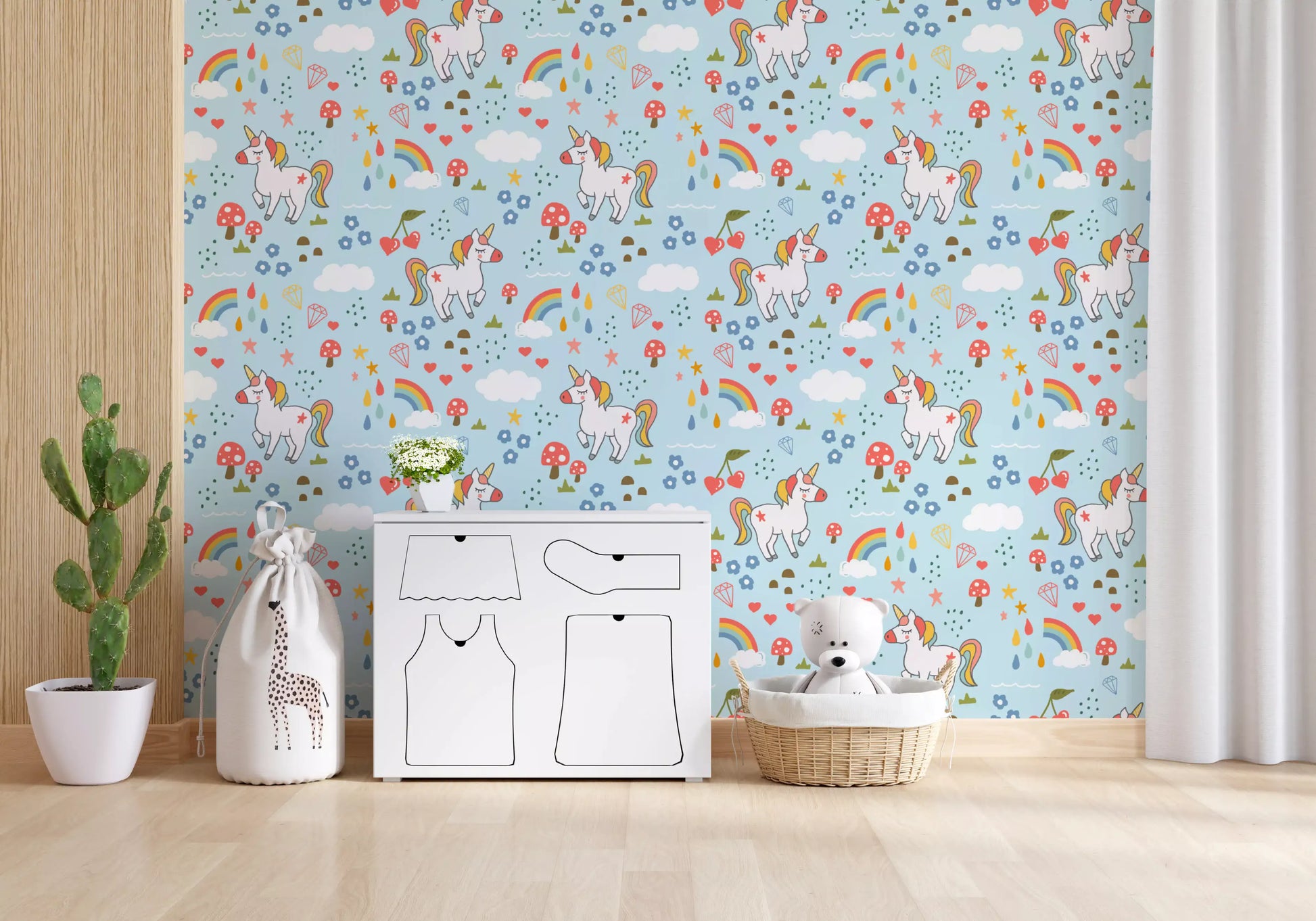 Full repeat of the Whimsical Dreams wallpaper in sky blue