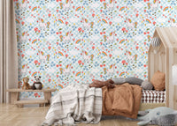 Blue flowers and green hilltops scattered on Checkerboard  wallpaper