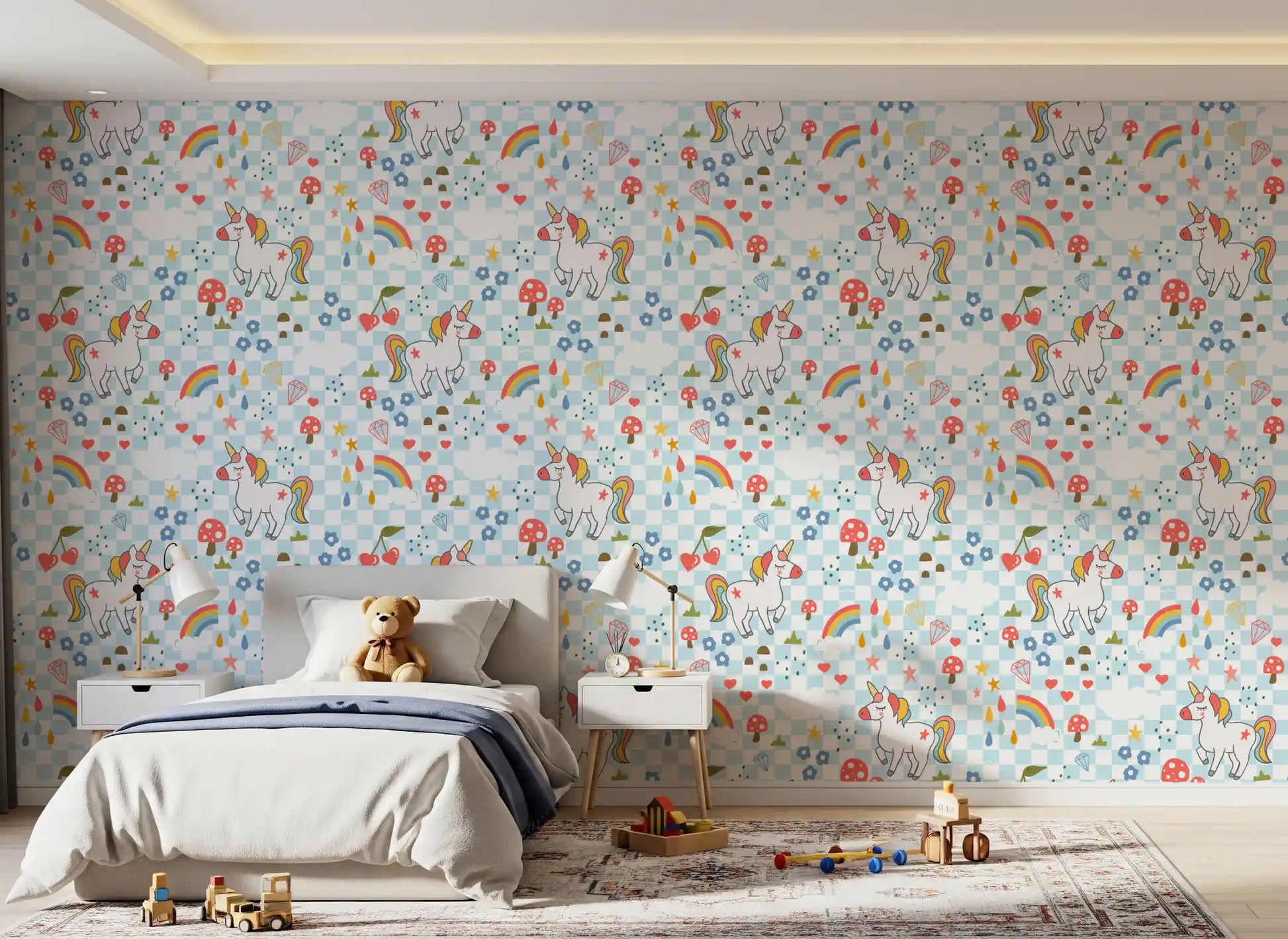 Cosy nursery styled with Checkerboard Unicorn wallpaper and plush toys