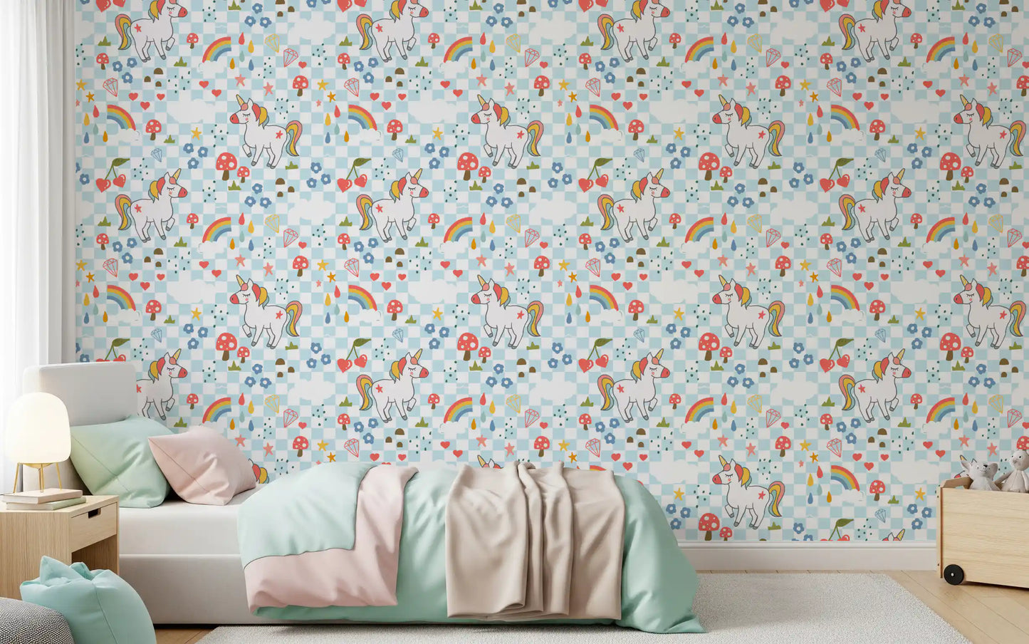 Pastel pink kids' room the unicorn and rainbow Checkerboard wallpaper