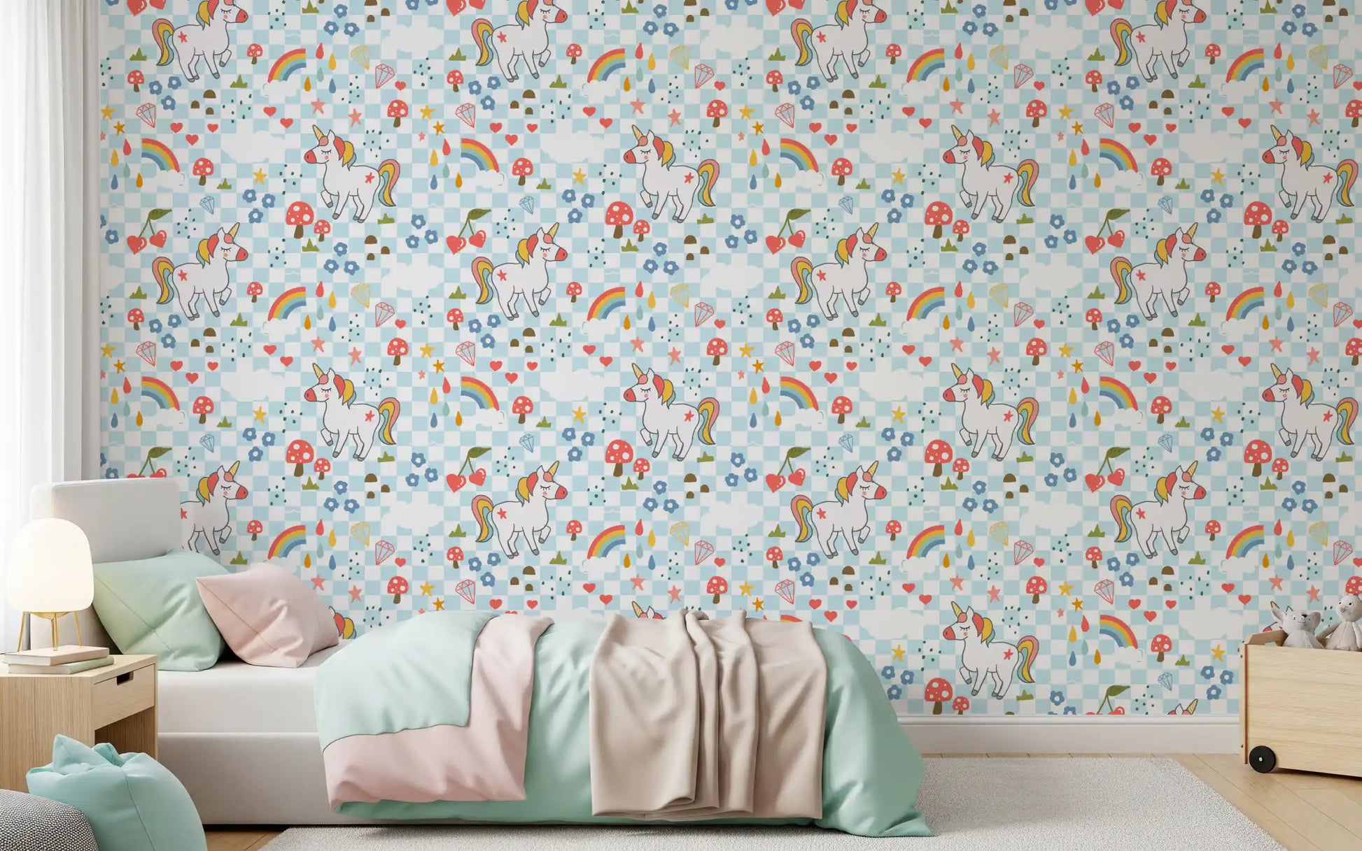 Pastel pink kids' room the unicorn and rainbow Checkerboard wallpaper