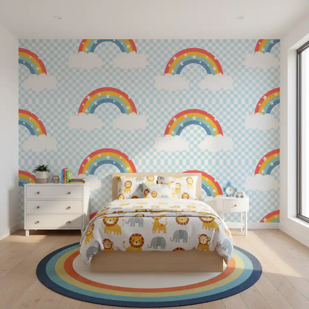 Kids bedroom wrapped in the Starry Skies checkered wallpaper