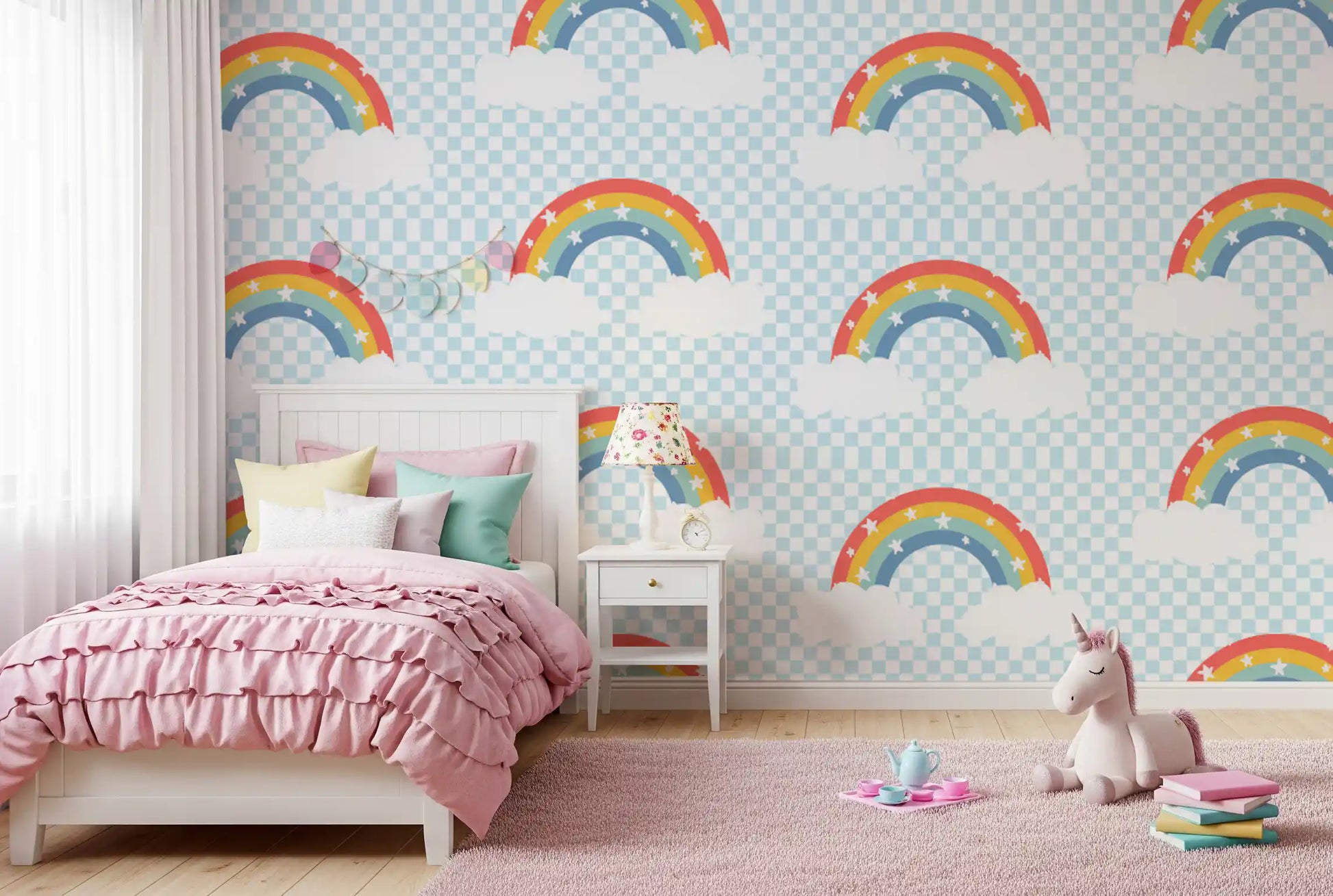 Coral and teal bands curve over white clouds on this wallpaper