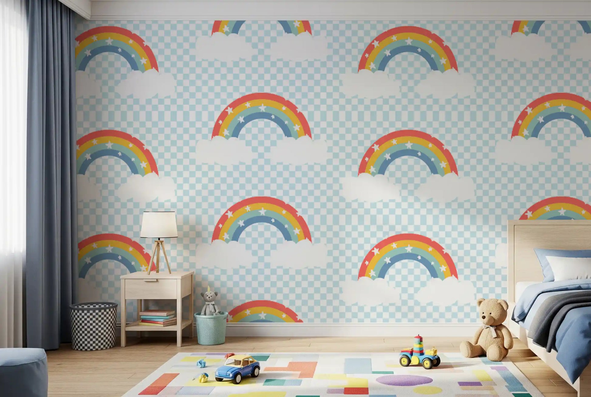 Repeating rainbow arches on pale blue checkered wallpaper pattern