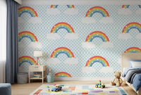 Repeating rainbow arches on pale blue checkered wallpaper pattern