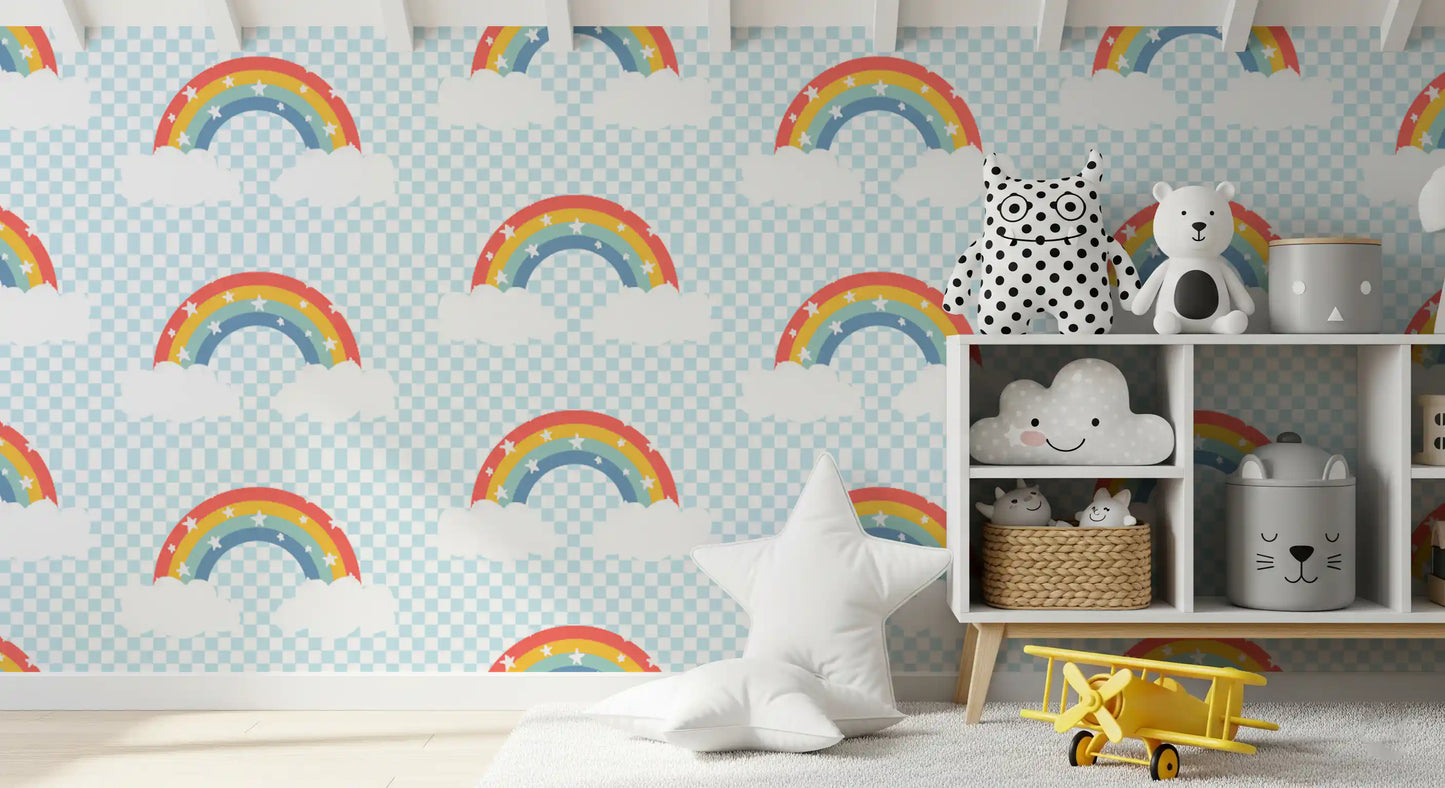 Playful rainbow arch wallpaper lining a bright children's area