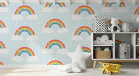 Playful rainbow arch wallpaper lining a bright children's area