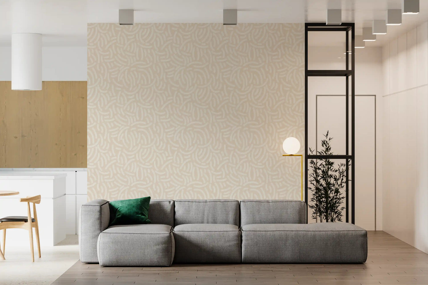 Living room featuring the Textured Paint wallpaper with scattered white curves