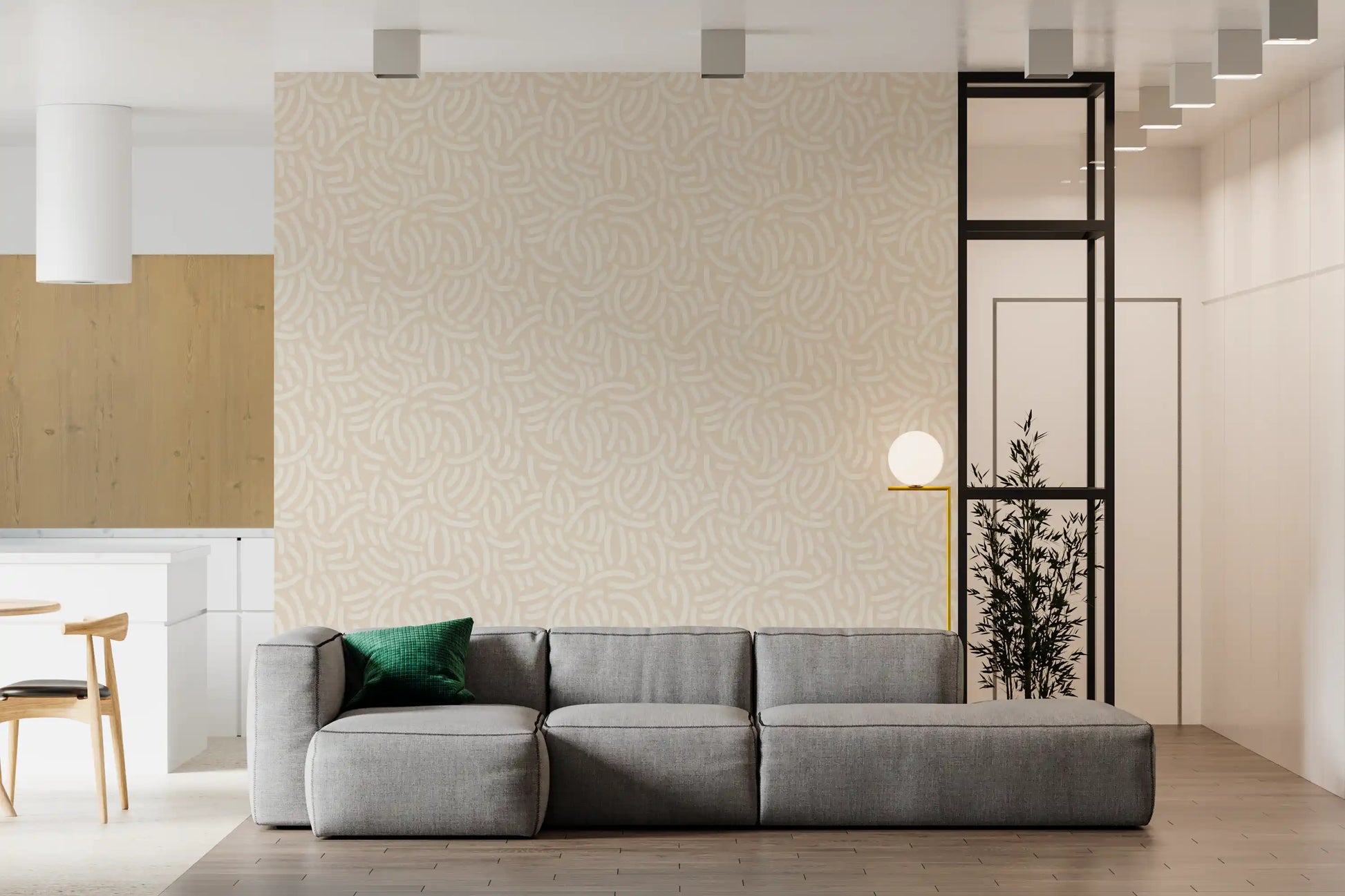 Living room featuring the Textured Paint wallpaper with scattered white curves