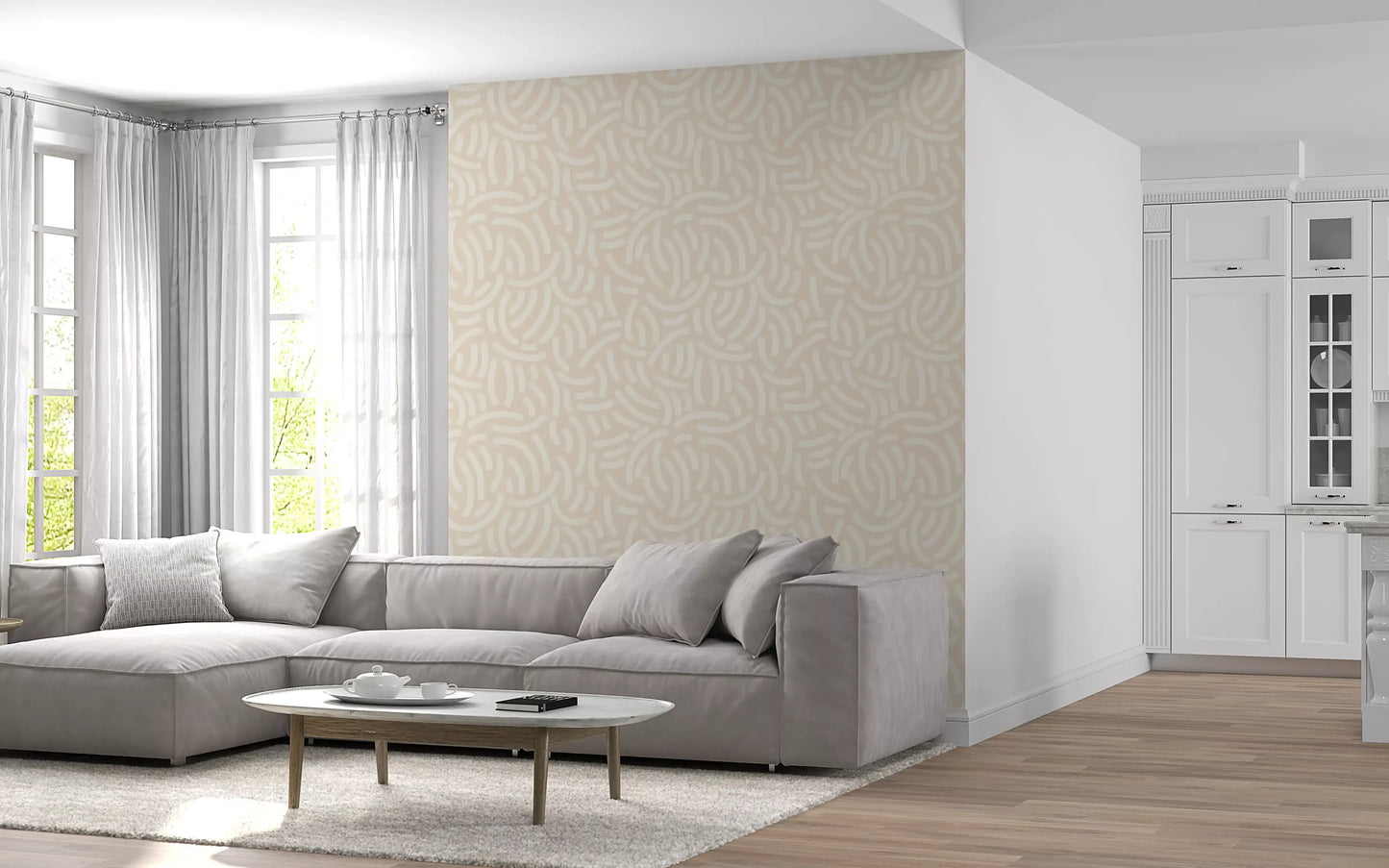 A living room wrapped in the organic pattern of Textured Paint wallpaper