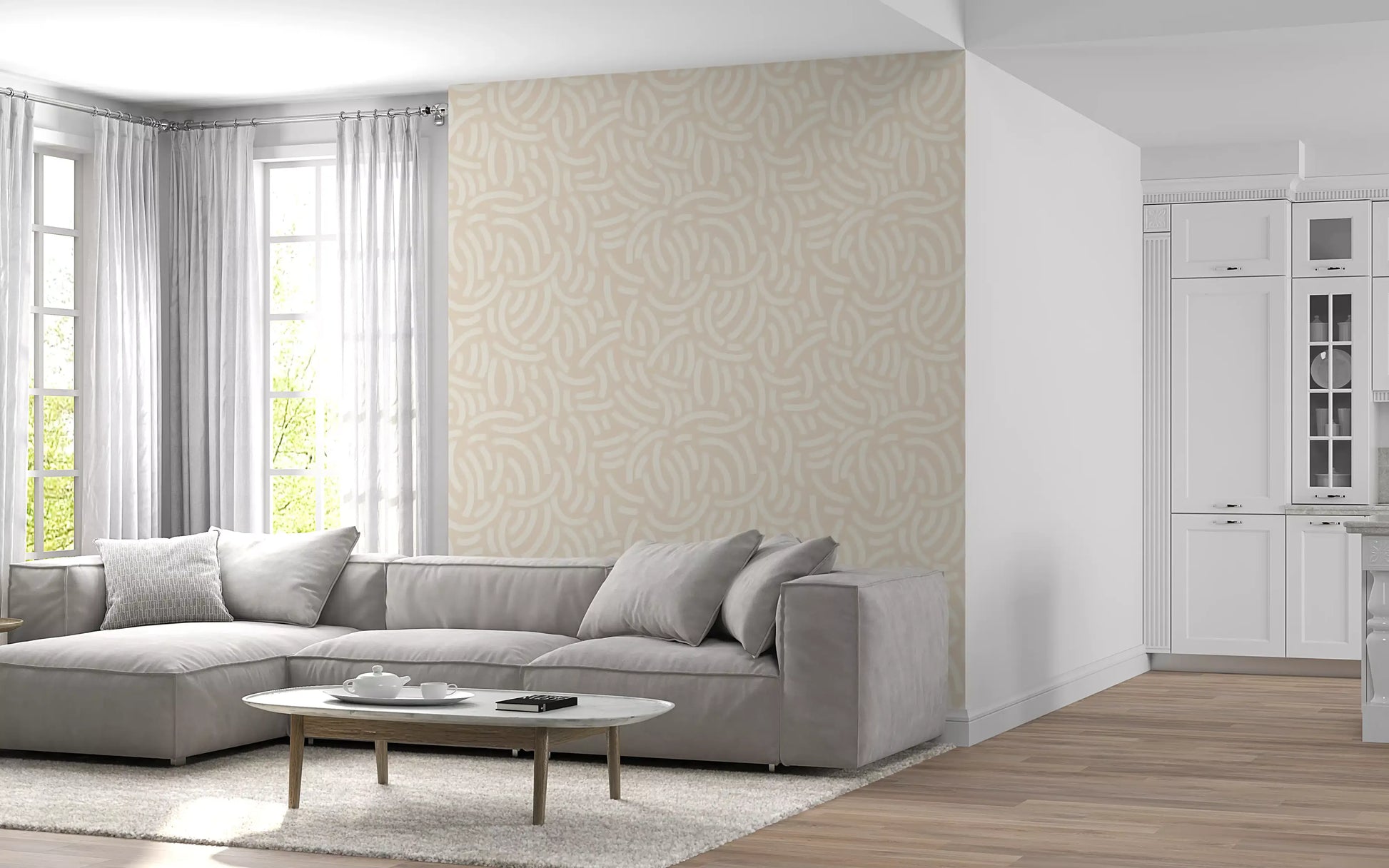 A living room wrapped in the organic pattern of Textured Paint wallpaper