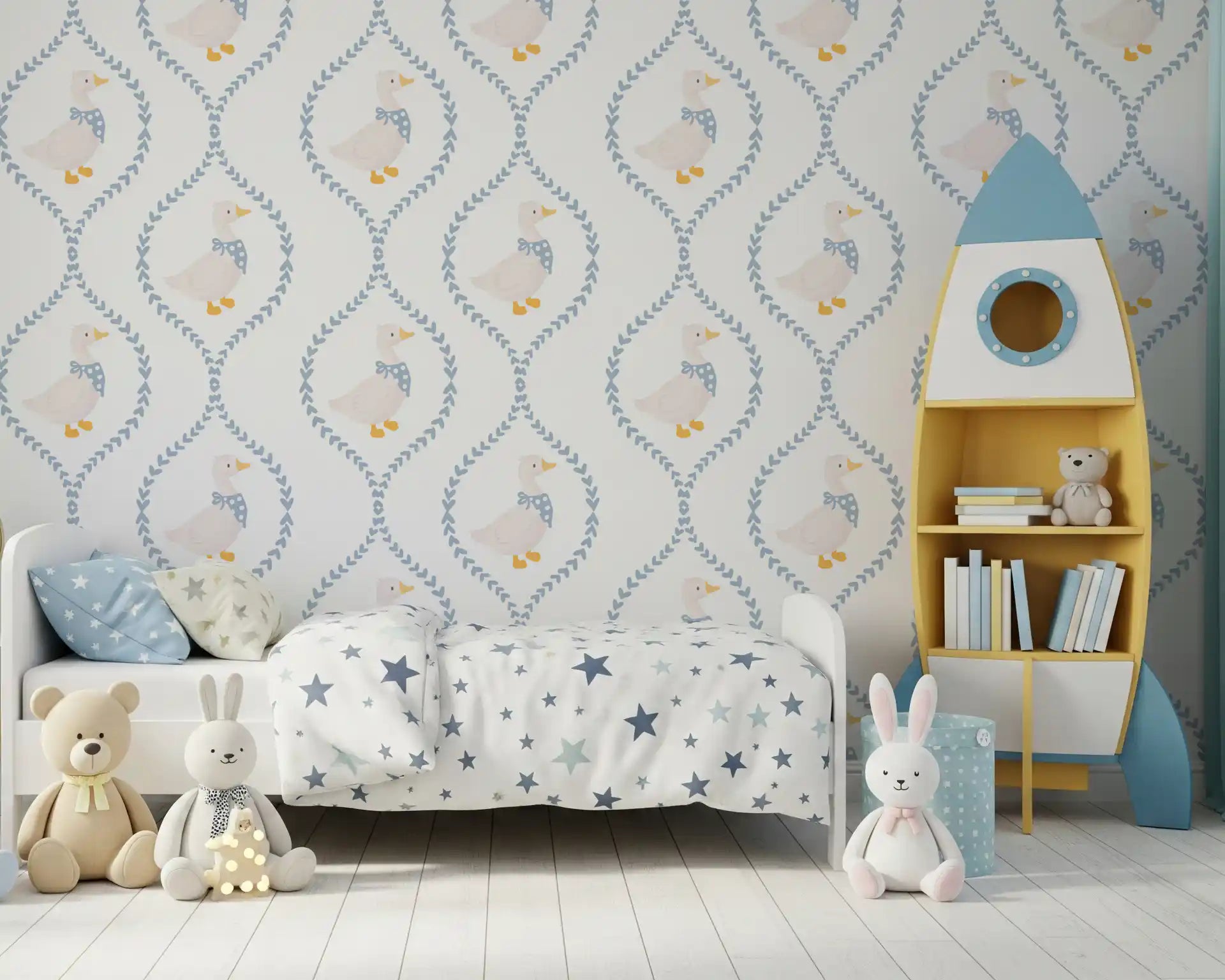 Kids room with the Dainty duck pattern wallpaper on every surface