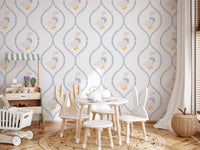 Blue heart trellis Ducks & Dainty Hearts wallpaper lining a playroom