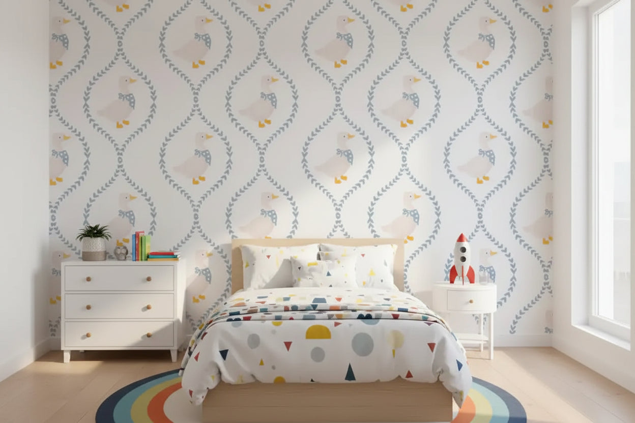 Ducks & Dainty wallpaper covering a kids bedroom in blue and ivory