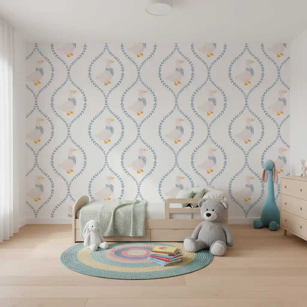 Dapper Ducks wallpaper with heart lattice repeating in a bright nursery
