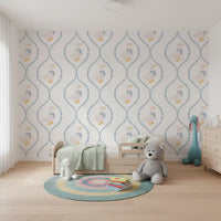 Dapper Ducks wallpaper with heart lattice repeating in a bright nursery