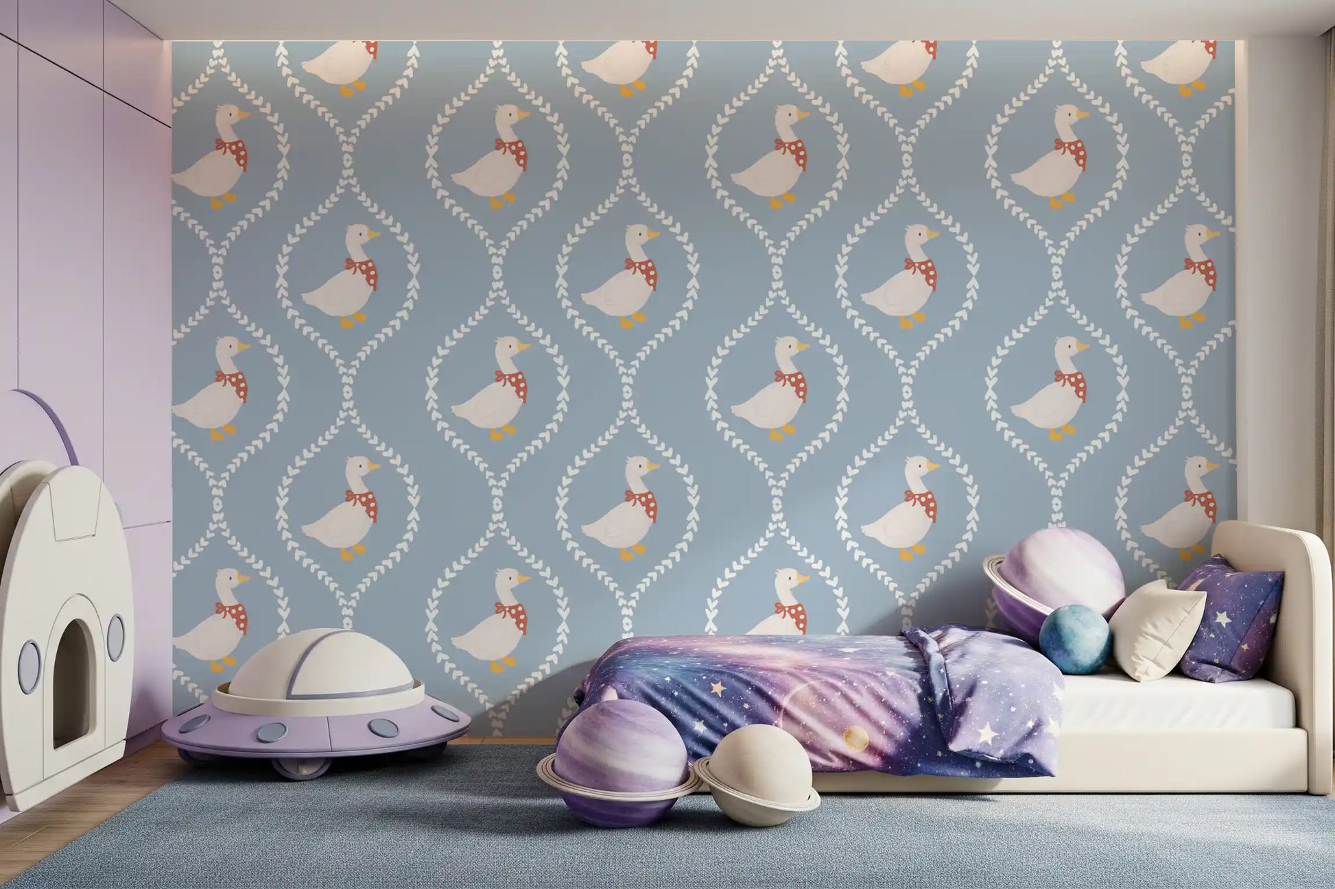 Hearts curve into trellis diamonds across Nursery Goose Wallpaper in even rows.