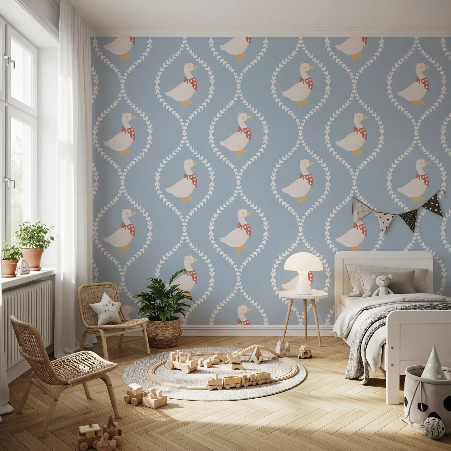 Heart shaped lattice and friendly geese fill the Nursery with Goose Wallpaper detail.
