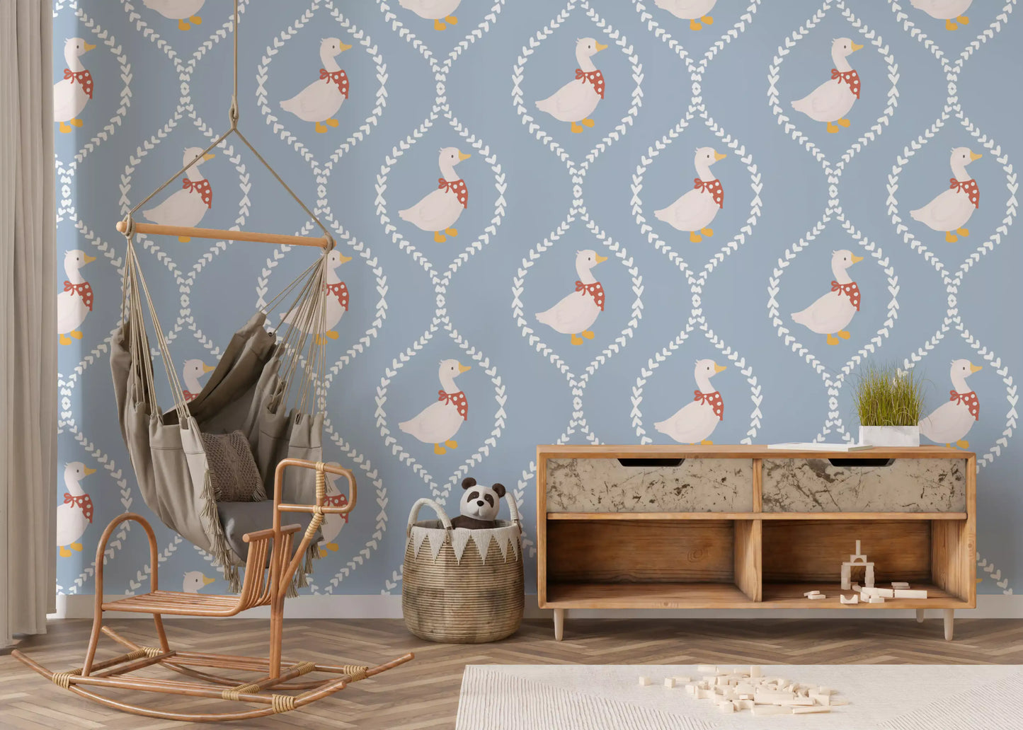 Sweet heart trellises pattern a kids' room when Goose Wallpaper covers the surface.