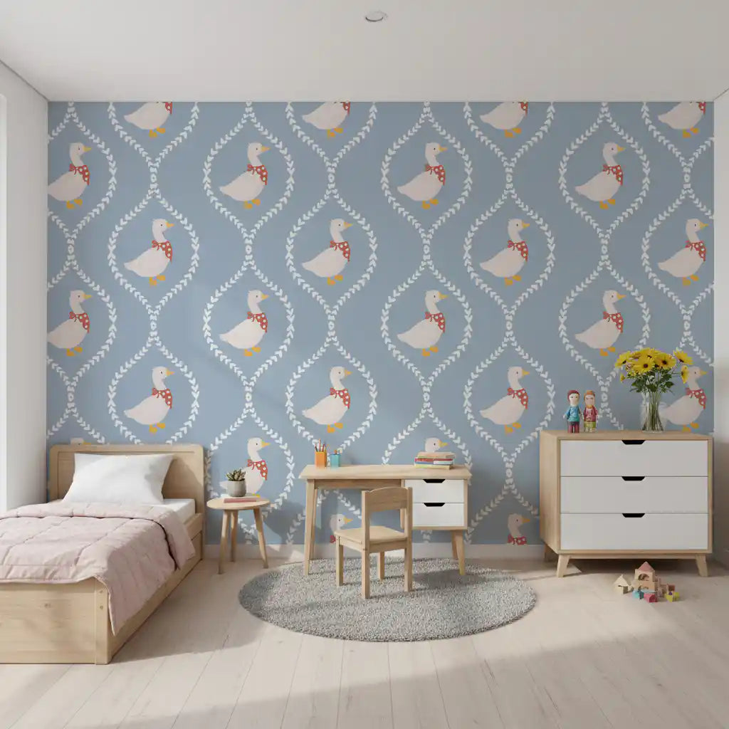 Sky blue ground with white heart trellis frames shapes Goose Wallpaper.