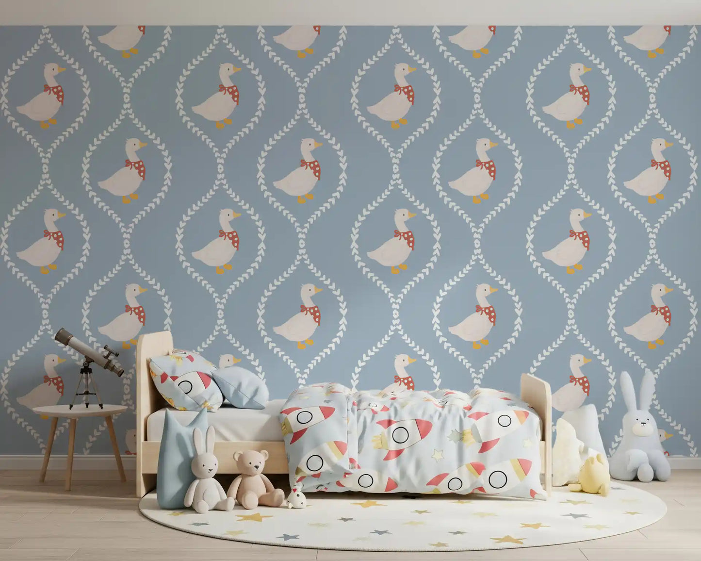 Storybook geese arrange neatly in a Kids room with Nursery Goose Wallpaper installed.