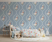 Storybook geese arrange neatly in a Kids room with Nursery Goose Wallpaper installed.