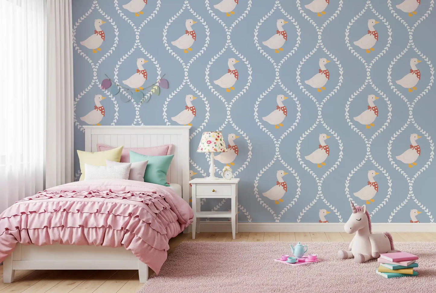 Cheerful goose motifs spread across a small Kids bedroom with Nursery Goose Wallpaper.