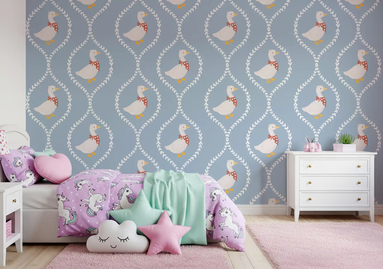 Pale blue Nursery Goose Wallpaper a kids' room with playful storybook charm.