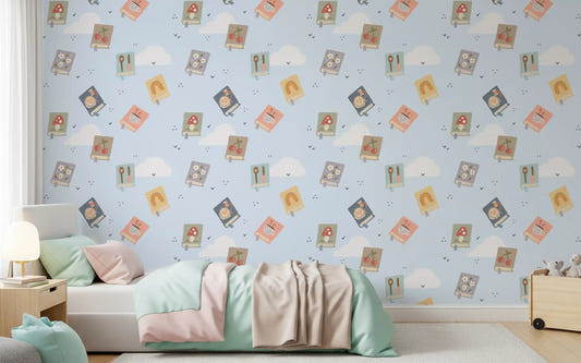 Pastel blue Book Dreams wallpaper fills the Kids bedroom with gentle charm.