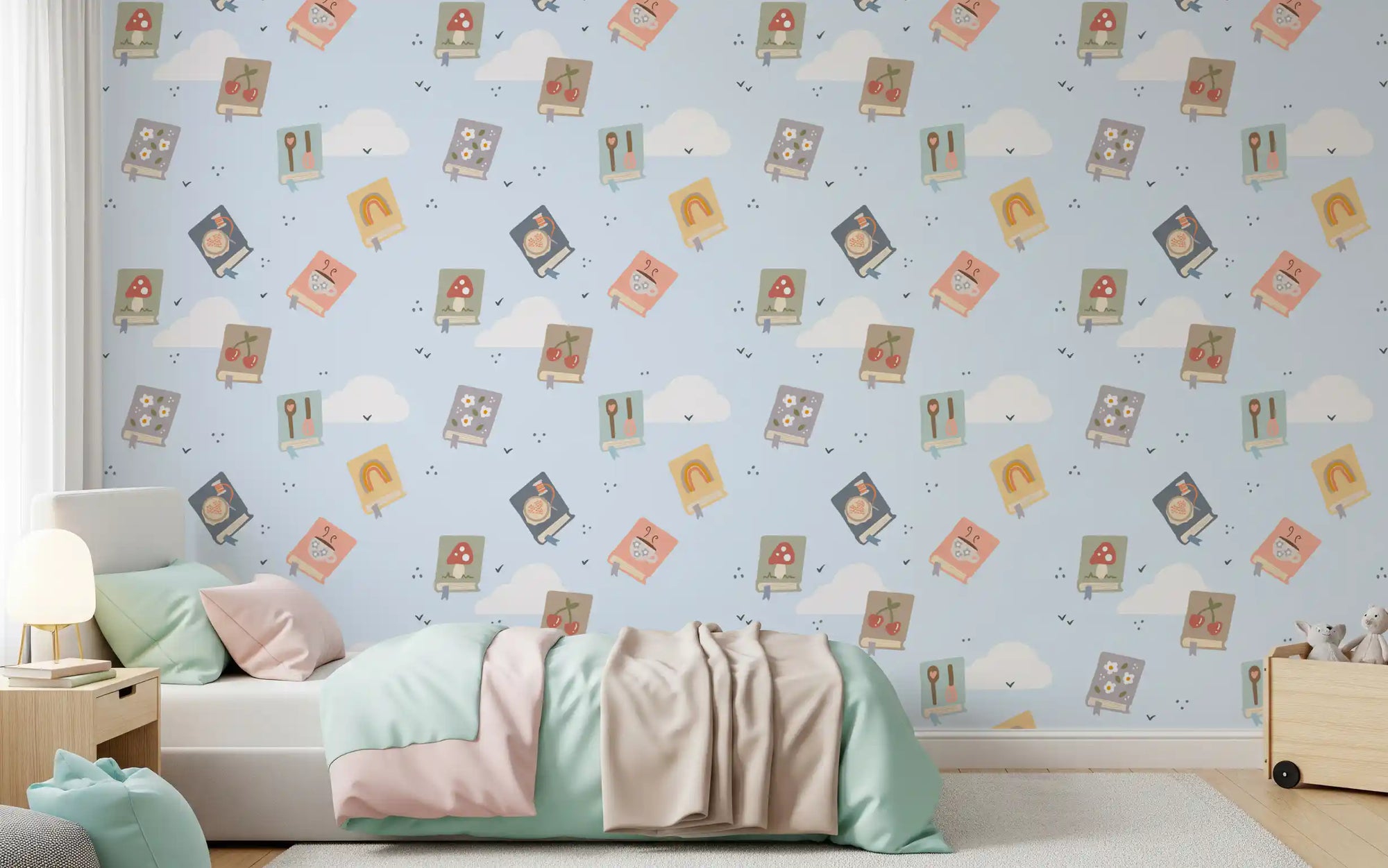 Pastel blue Book Dreams wallpaper fills the Kids bedroom with gentle charm.